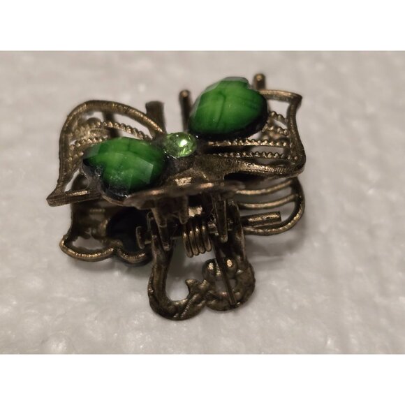 Vintage Bronze Tone Butterfly Hair Claw Clip With Green Gemstone Accents Small - Picture 3 of 4